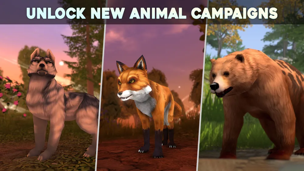 Wolf Tales - Wild Animal Sim screenshot: The creek crossing after dark, with the pack strung out behind